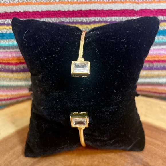 Two Tone Baguette Cut CZ Adjustable Cuff Bangle Duo Gold & Rose Gold Filled - Picture 8 of 10